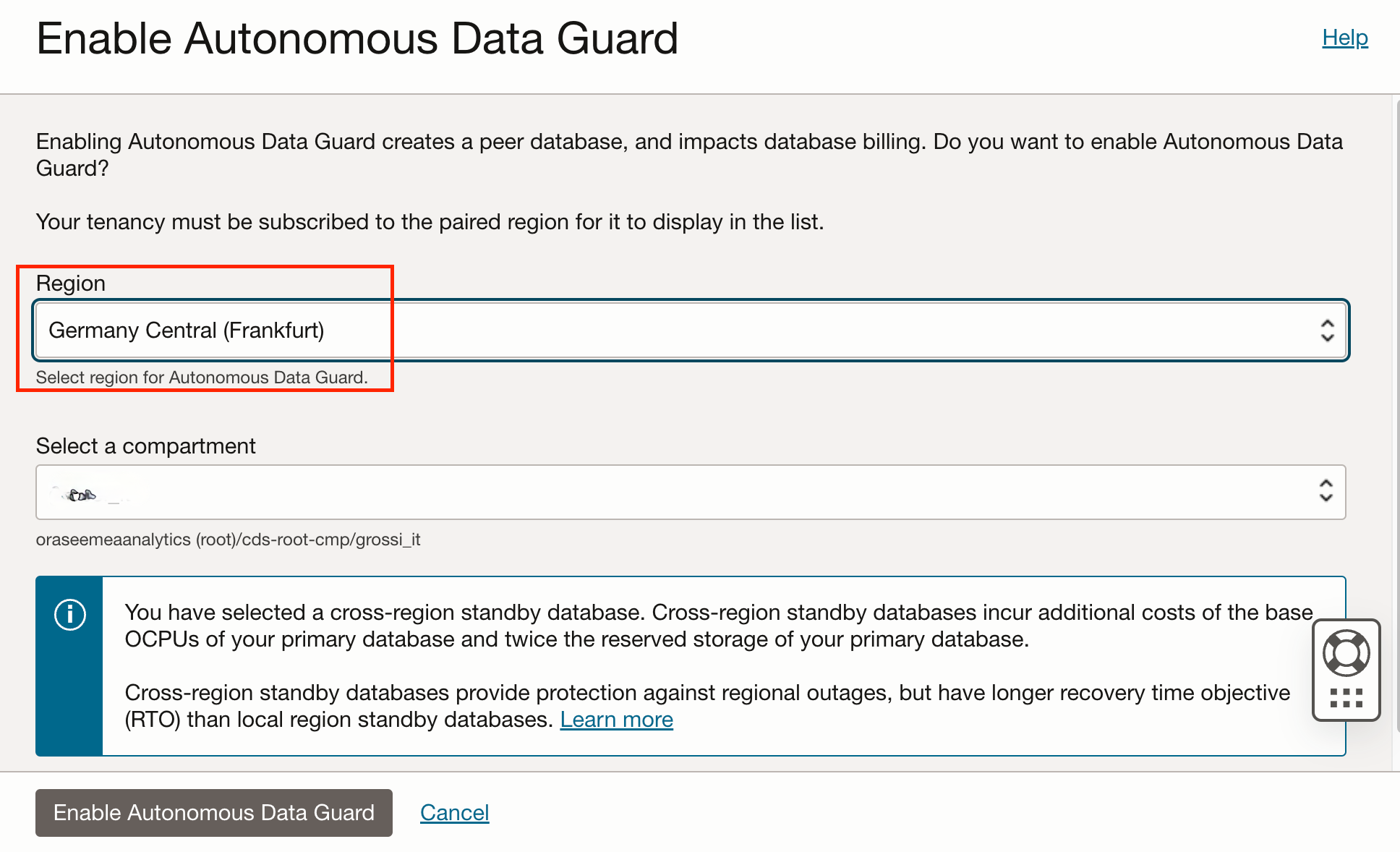 Fig.5: RegionA, Autonomous Data Guard enablement
