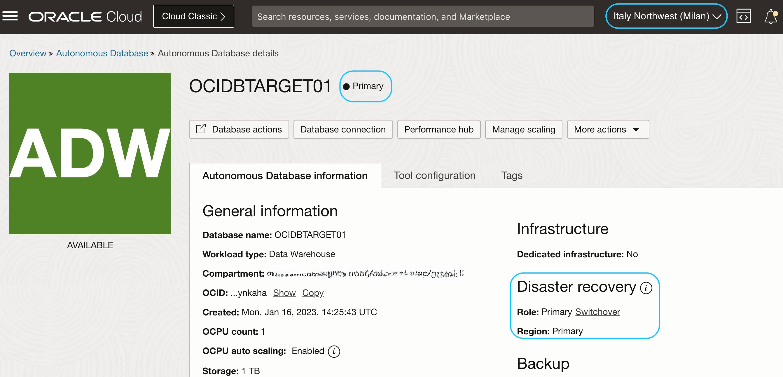 Fig.6: RegionA, Autonomous Data Warehouse Primary instance for disaster recovery