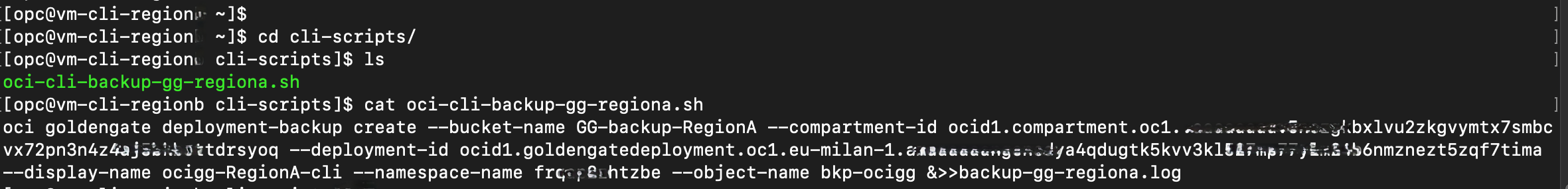 Fig.10: Shell script example with the "oci-cli" command to store OCI GoldenGate manual backups in Object Storage