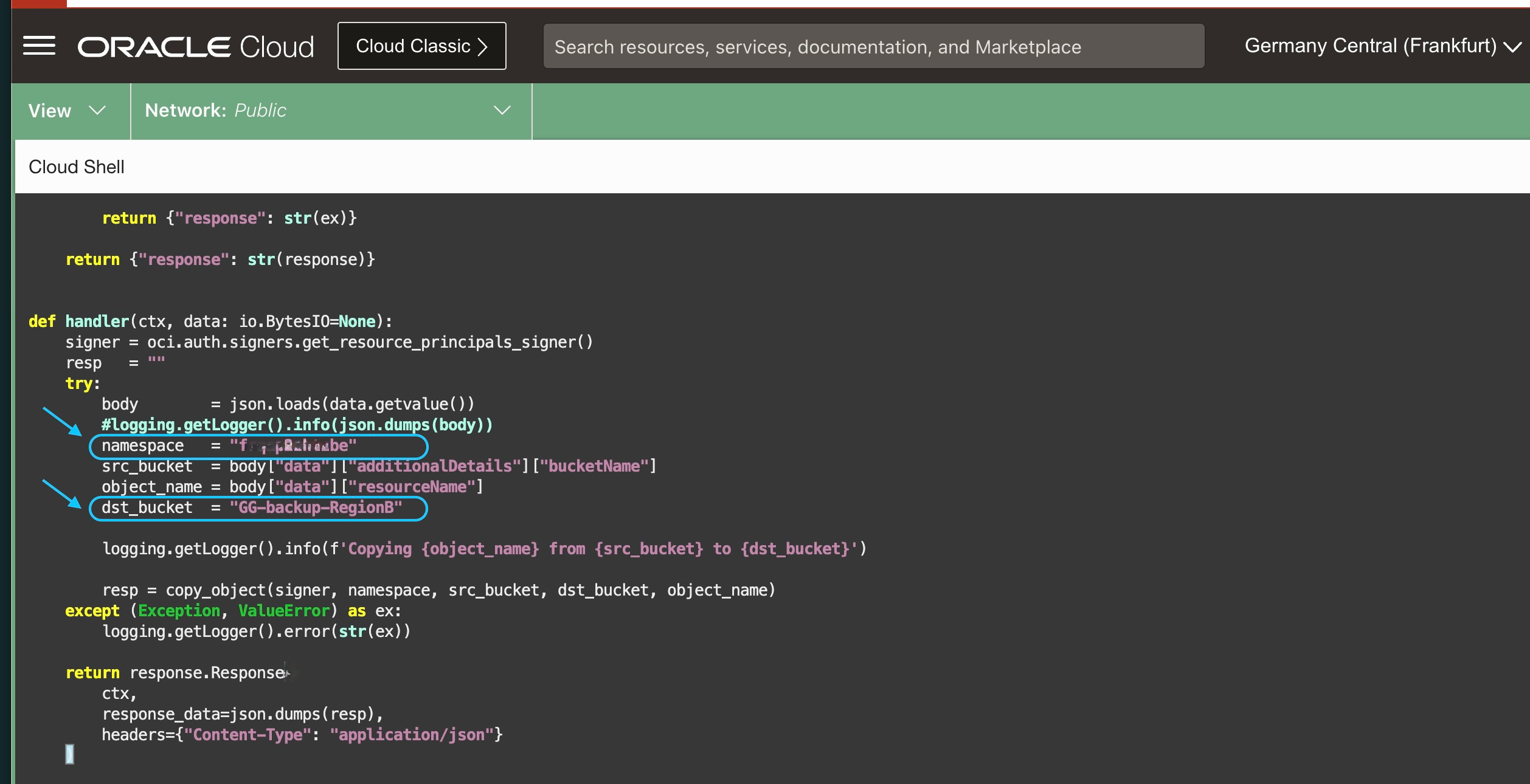Fig.19: RegionB, copy object OCI Function details
