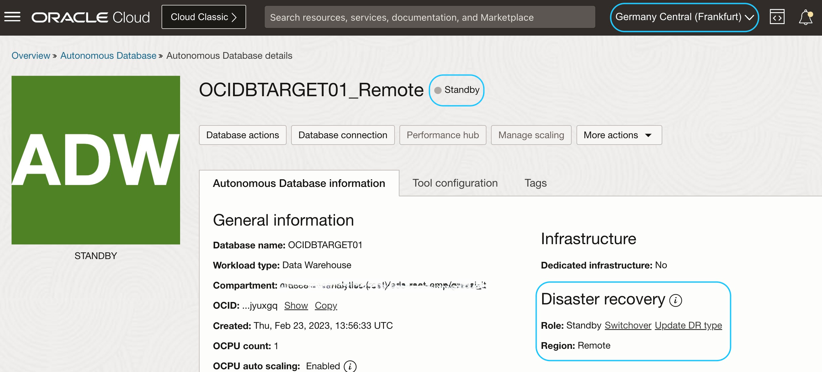 Fig.7: RegionB, Autonomous Data Warehouse Standby instance for disaster recovery