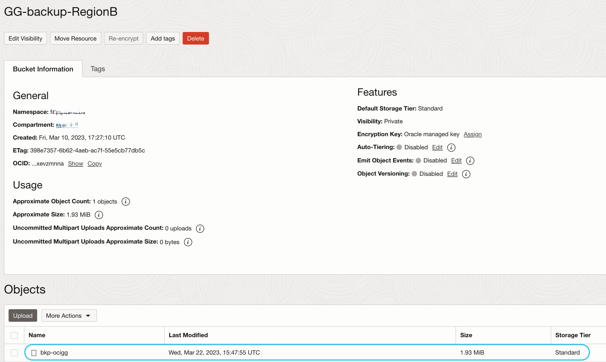 Fig.16: RegionB, OCI GoldenGate backup file in the Object Storage bucket