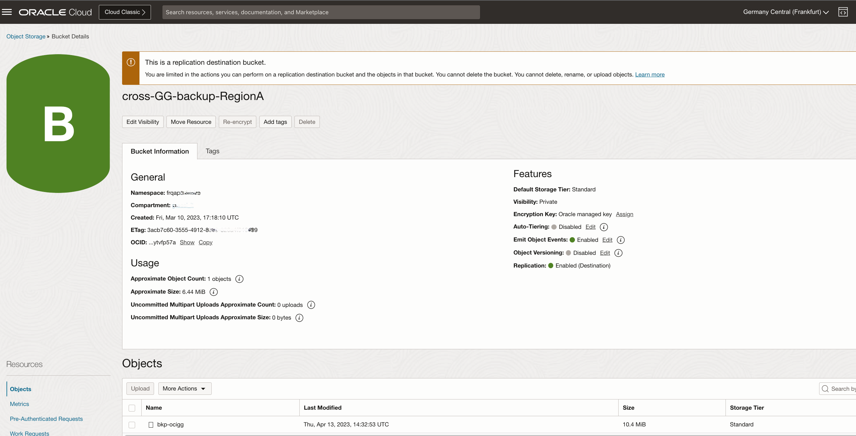 _Fig.8: RegionB, OCI GoldenGate manual backup file from RegionA replicated in the Object Storage bucket in RegionB_