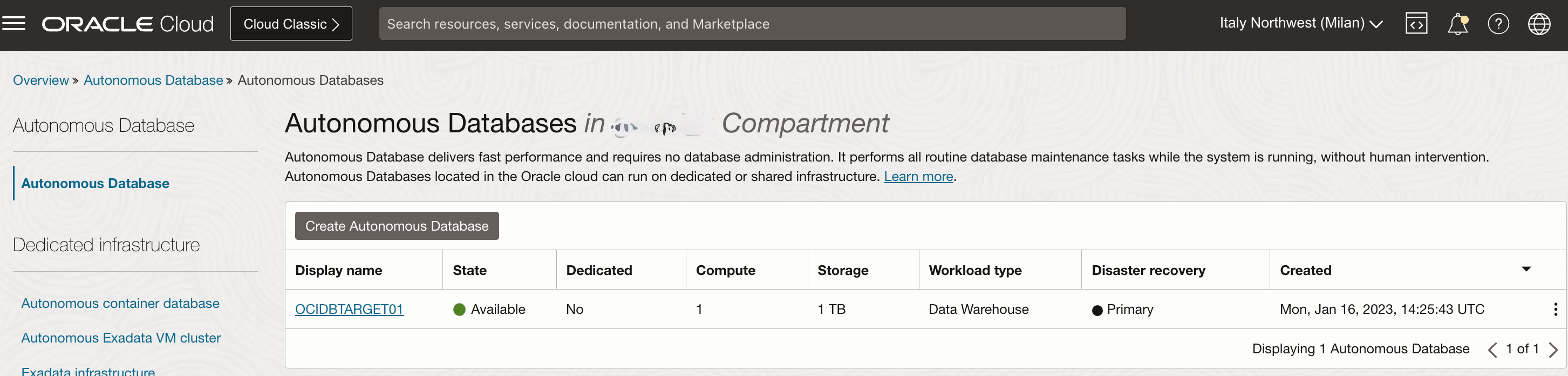 _Fig.2: RegionA, Autonomous Data Warehouse Primary instance_