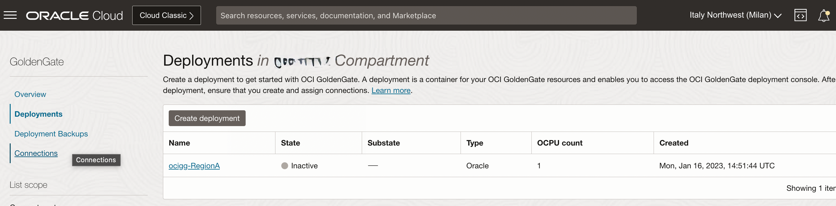 _Fig.10: RegionA, OCI GoldenGate deployment inactive_