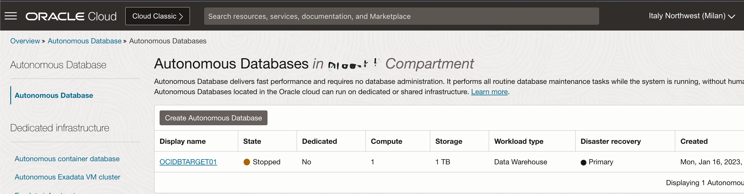 _Fig.11: RegionA, Autonomous Data Warehouse primary instance stopped_