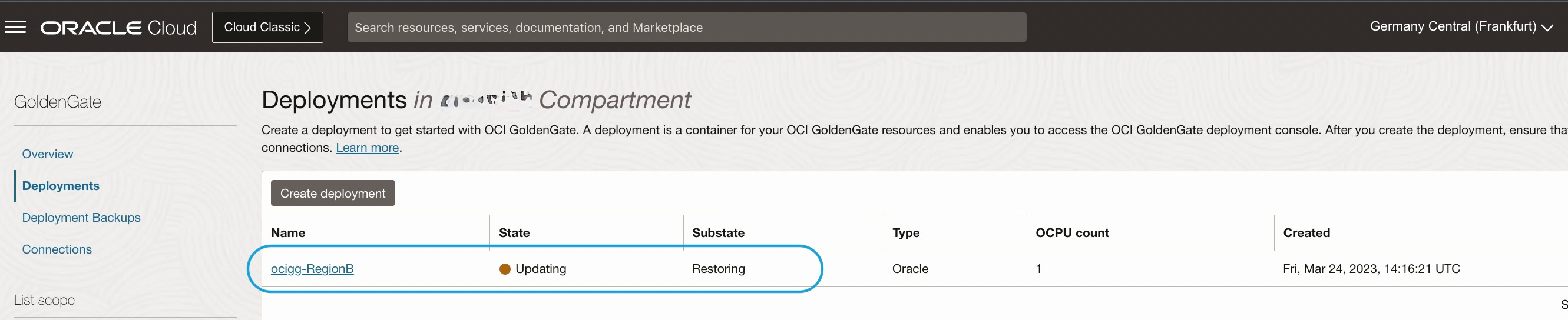 _Fig.23: RegionB, OCI GoldenGate deployment restoring_