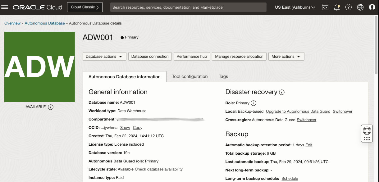 Fig.10: Region1, Autonomous Data Warehouse Primary instance for disaster recovery