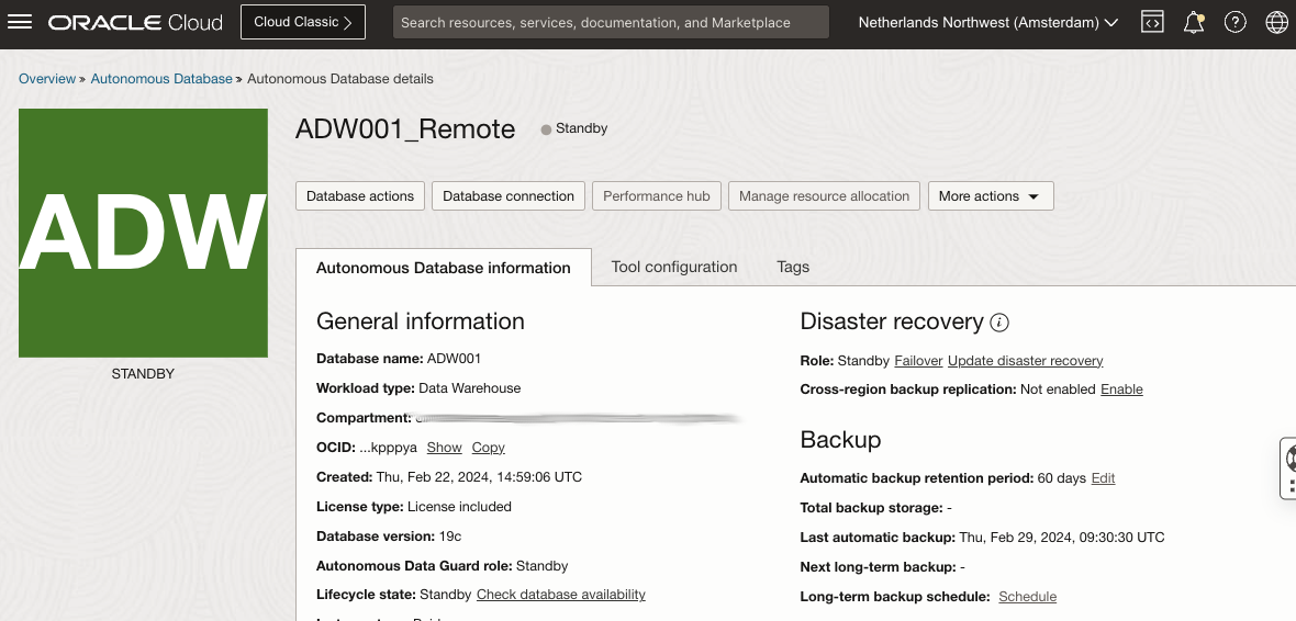 Fig.11: Region2, Autonomous Data Warehouse Standby instance for disaster recovery