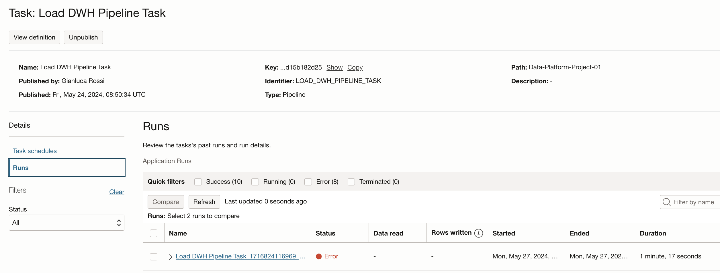 Fig.17: Pipeline Task Run with errors